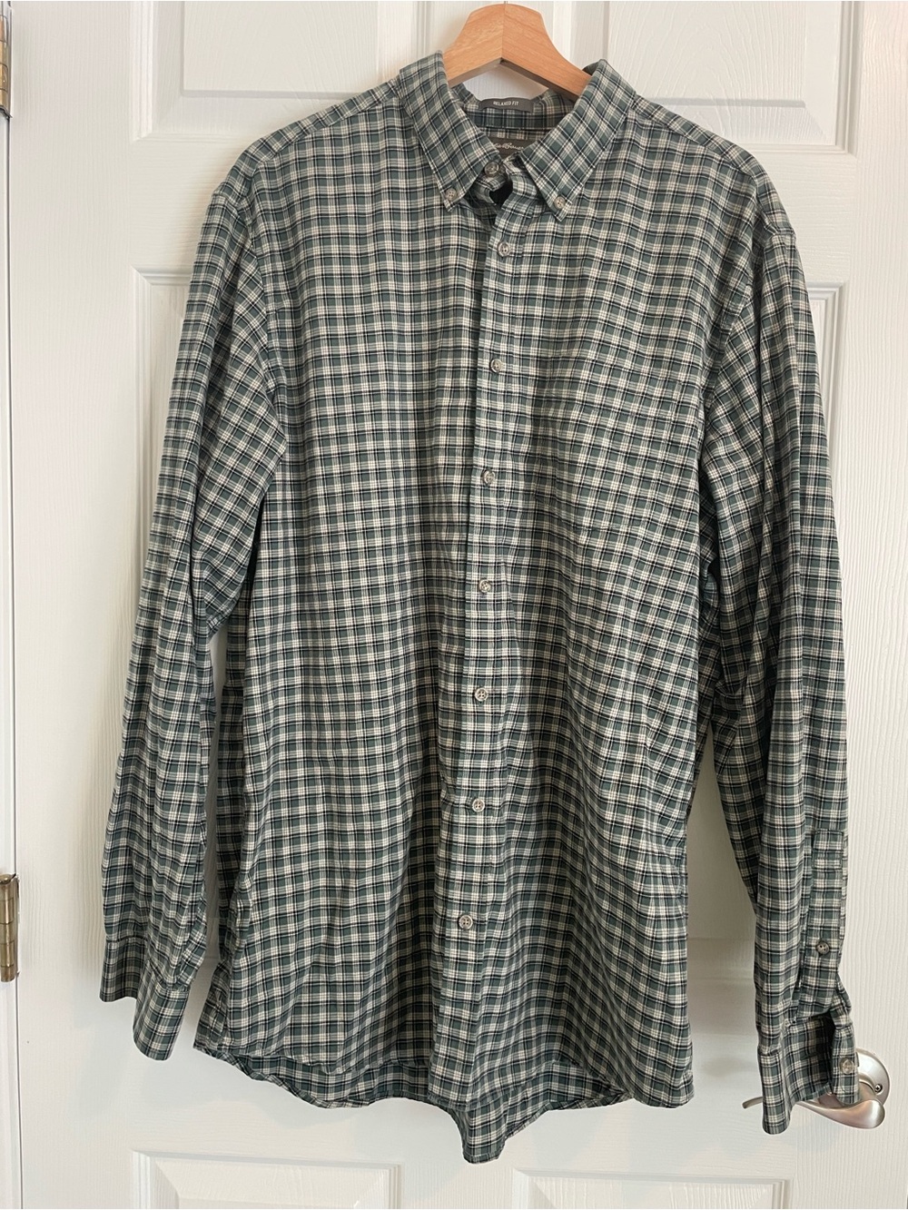 Eddie Bauer Green Plaid Long-Sleeve Button-Down Shirt Large Tall Relaxed l